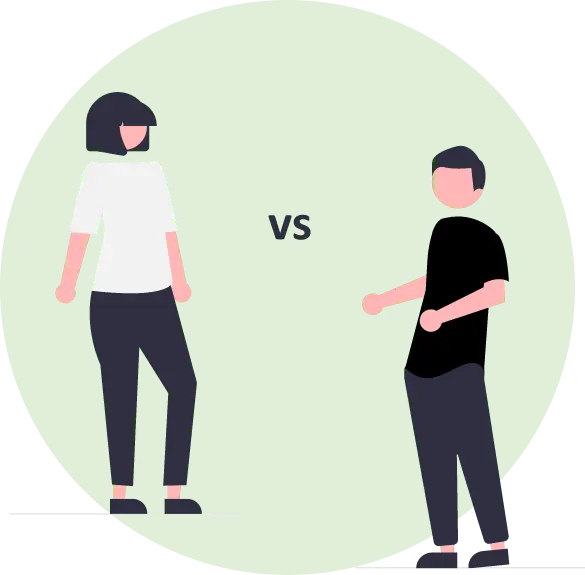 Graphic of a person in white t-shirt vs. person in a black t-shirt (to represent white hat vs black hat tactics) inside a light green circle