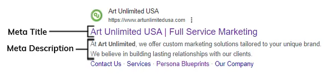 Example of a meta title & meta description for Art Unlimited USA from the Google Search Engine Results Page