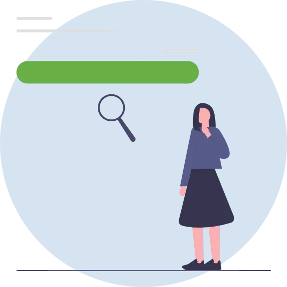 Graphic of woman with magnifying glass and a search bar from a website wondering what keyword research is.