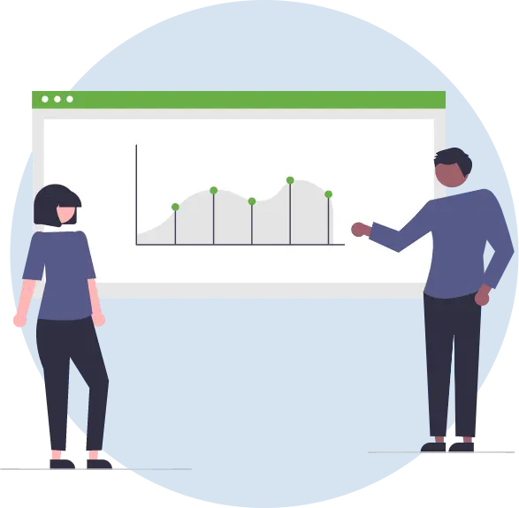 Graphic of man and woman looking at a graph to determine the best keyword.