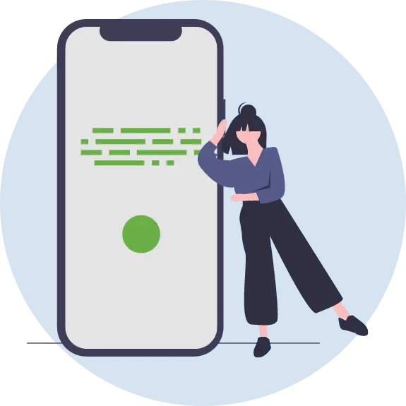 Graphic of woman leaning on a cell phone listening to the voice search.