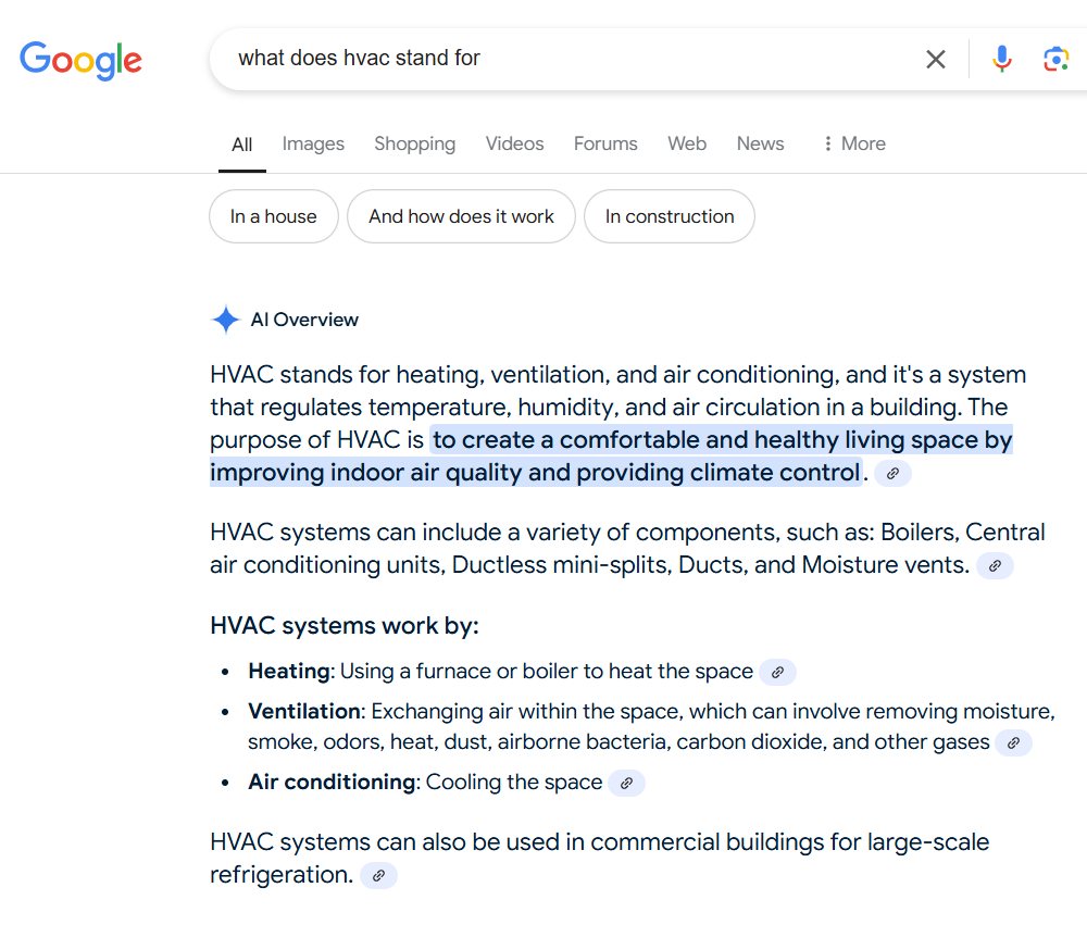 screen shot of a Google search for "what does HVAC stand for" with an AI overview response to the query to show how AI will impact marketing.