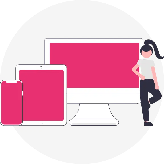 Graphic of woman in front of a desktop, tablet & mobile phones to indicate user experience with different devices