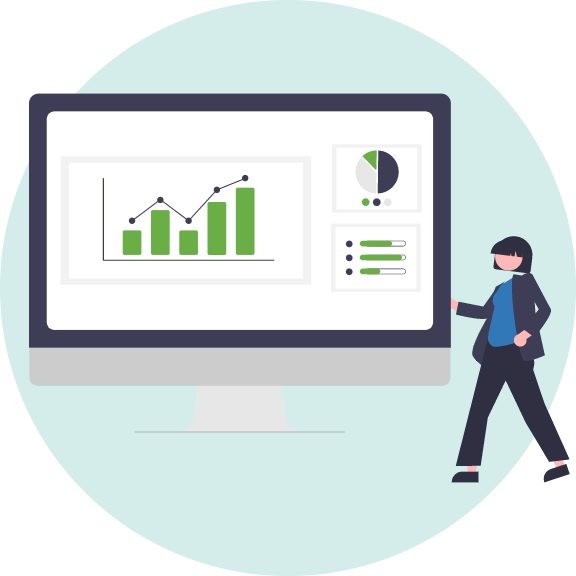 graphic of a woman next to a screen with a presentation of graphs/charts showing target market data & property data